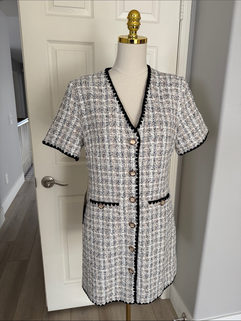 Pomander Place Black & White Tweed Mini Dress - Size Medium